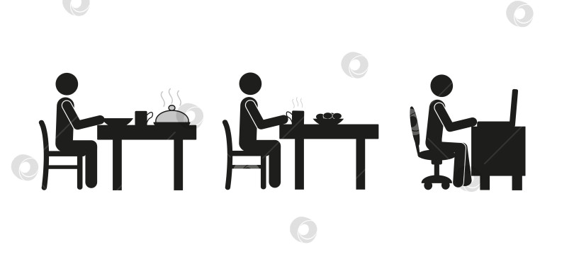 Скачать набор плоских векторных иллюстраций, пиктограмм мужчины за столом во время обеда, перекуса, кофе, работающего на ноутбуке фотосток Ozero