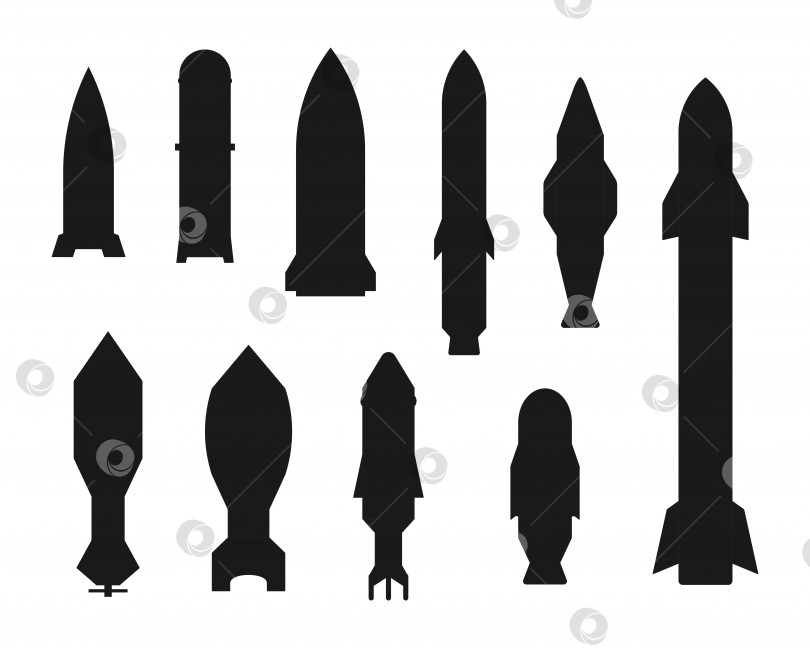 Скачать Набор значков ракеты. Черный силуэт. Вид сбоку. Векторная простая плоская графическая иллюстрация на изолированном белом фоне. фотосток Ozero