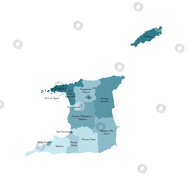 Скачать Векторная изолированная иллюстрация упрощенной административной карты Тринидада и Тобаго. Границы и названия регионов. Красочные силуэты синего цвета хаки фотосток Ozero