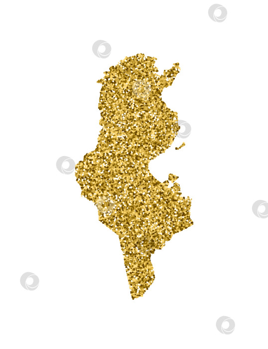 Скачать Векторная изолированная иллюстрация с упрощенной картой Туниса. Украшена блестящей текстурой золотого блеска. Новогоднее и рождественское украшение для поздравительной открытки. фотосток Ozero