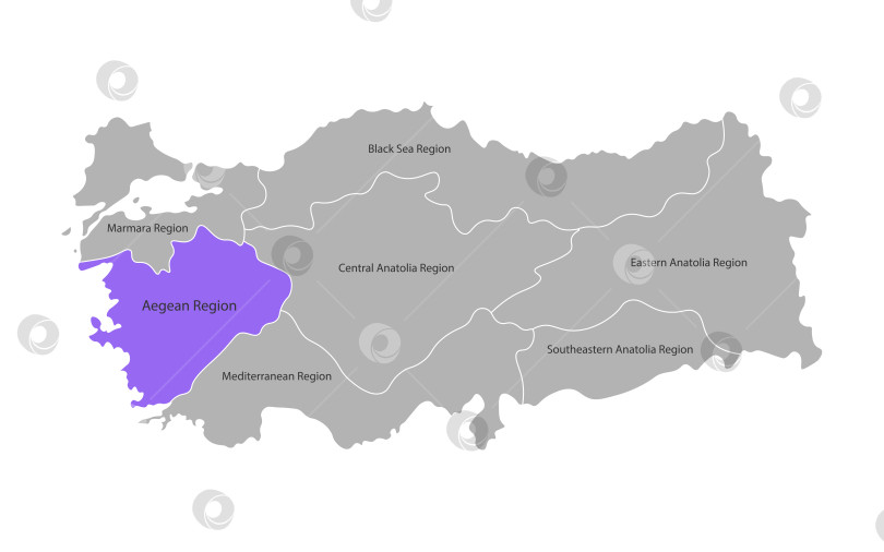 Скачать Векторная изолированная упрощенная карта регионов Турции. Отмечен Эгейский регион. Границы и названия административных единиц. Серые силуэты на белом фоне фотосток Ozero