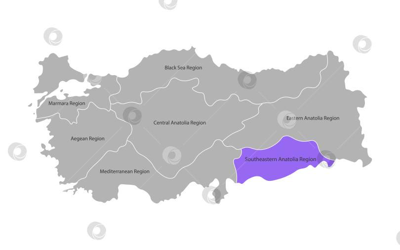 Скачать Векторная изолированная упрощенная карта регионов Турции. Отмечен регион Юго-Восточная Анатолия. Границы и названия административных единиц. Серые силуэты на белом фоне фотосток Ozero