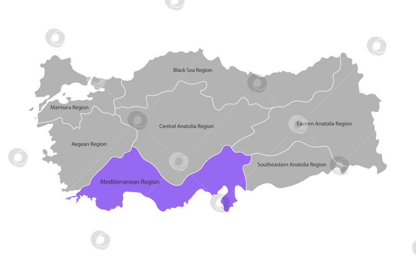 Скачать Векторная изолированная упрощенная карта регионов Турции. Отмечен Средиземноморский регион. Границы и названия административных единиц. Серые силуэты на белом фоне фотосток Ozero
