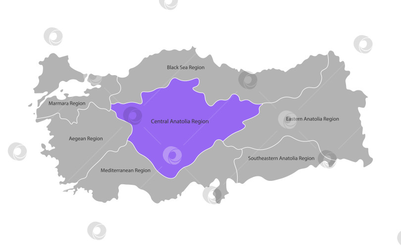 Скачать Векторная изолированная упрощенная карта регионов Турции. Отмечен регион Центральная Анатолия. Границы и названия административных единиц. Серые силуэты на белом фоне фотосток Ozero