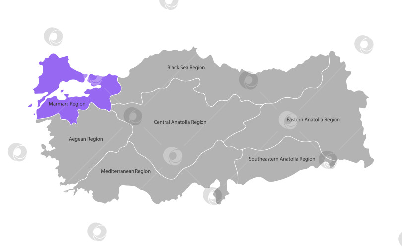 Скачать Векторная изолированная упрощенная карта регионов Турции. Отмечен регион Мраморного моря. Границы и названия административных единиц. Серые силуэты на белом фоне фотосток Ozero