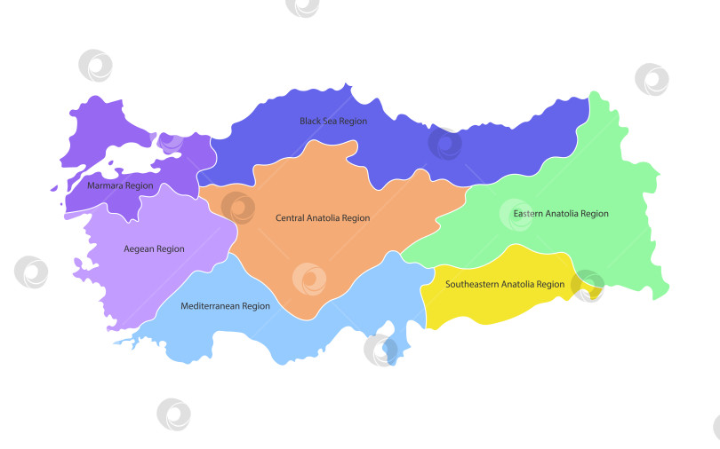 Скачать Красочная векторная изолированная упрощенная карта регионов Турции. Границы и названия административных единиц. Белый фон фотосток Ozero