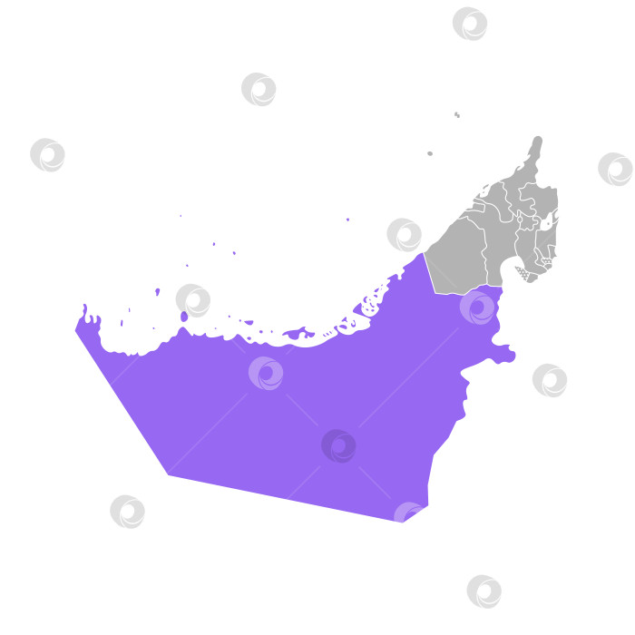 Скачать Векторная изолированная упрощенная красочная иллюстрация с серым силуэтом Объединенных Арабских Эмиратов, ОАЭ, фиолетовым контуром региона Абу-Даби и белым контуром границ эмиратов. Белый фон фотосток Ozero