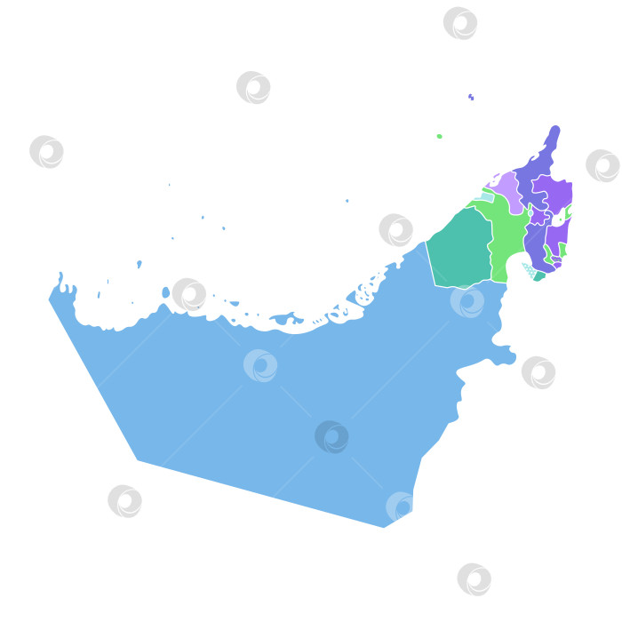 Скачать Векторная изолированная упрощенная красочная иллюстрация с силуэтом материковой части Объединенных Арабских Эмиратов, ОАЭ и границ эмиратов. Белый фон фотосток Ozero