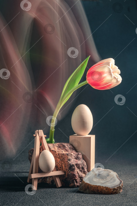 Скачать концепция весны. фрикебана. красно-белый тюльпан и пасхальные яйца. концепция пасхи. фотосток Ozero