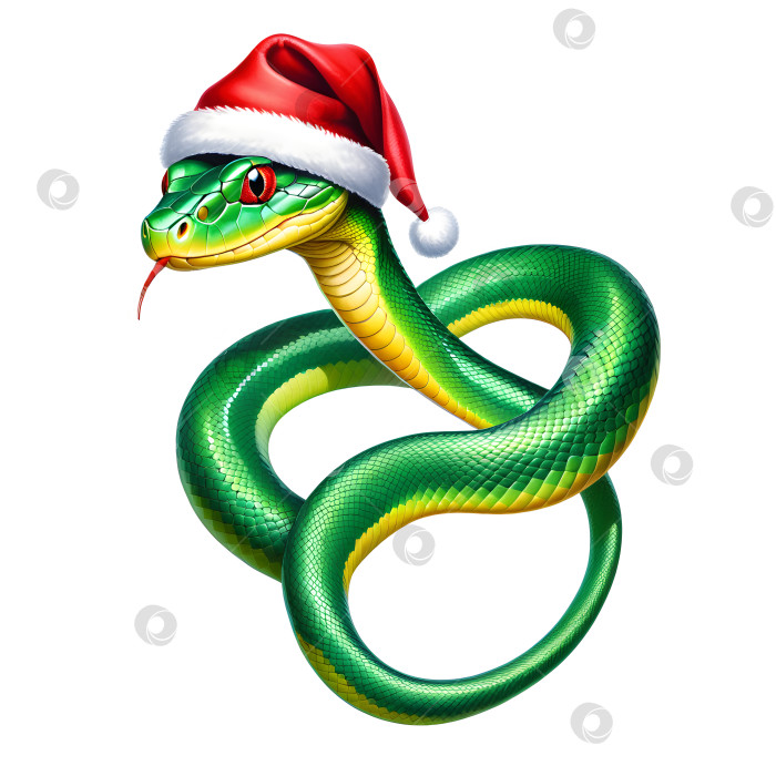 Скачать зеленая змея в шляпе Санты, символ 2025 года, на белом фоне фотосток Ozero
