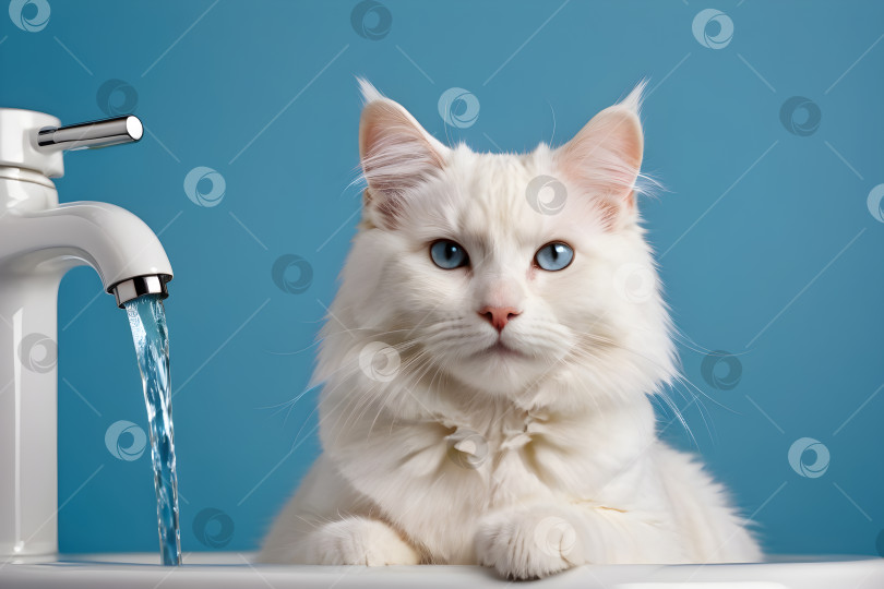 Скачать белая кошка с водой, концепция кошачьего здоровья и гигиены фотосток Ozero
