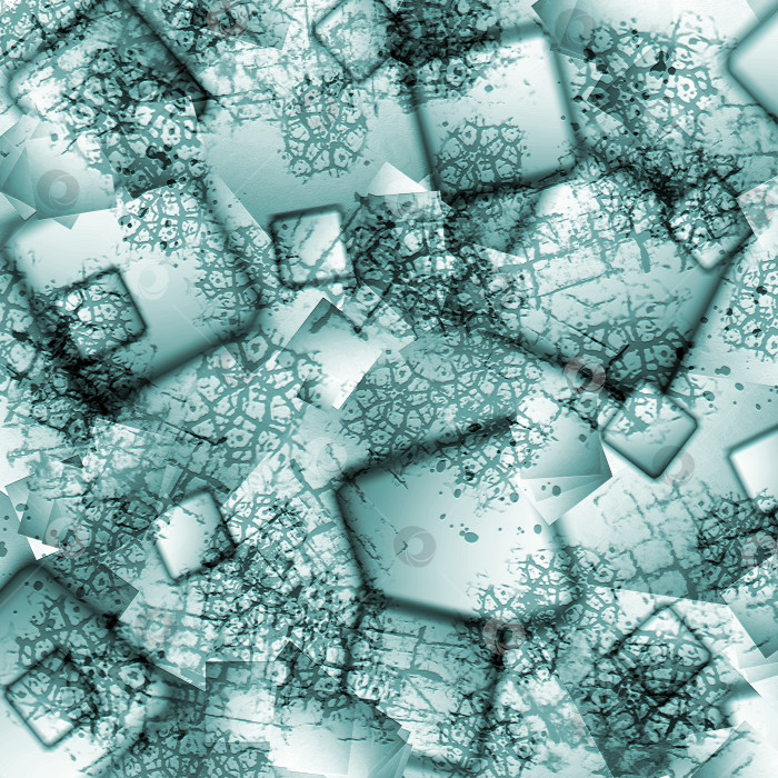 Скачать Бирюзовый геометрический фон с разбросанными квадратами разного размера и трещинами. Абстрактный светлый фон. Иллюстрация. фотосток Ozero