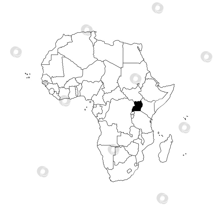 Скачать Векторная изолированная иллюстрация с изображением Африканского континента с границами всех государств. Политическая карта Уганды с черным контуром. Белый фон. фотосток Ozero