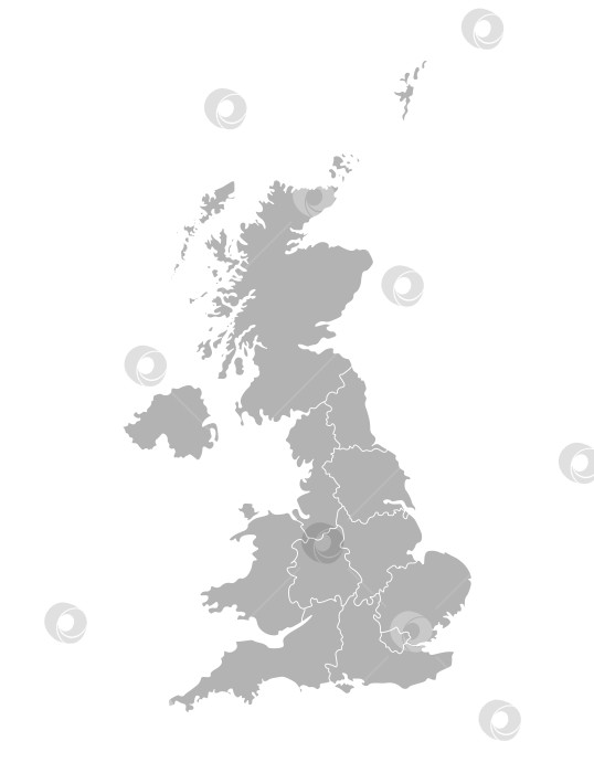 Скачать Векторная изолированная иллюстрация упрощенной административной карты Соединенного Королевства Великобритании и Северной Ирландии. Границы регионов. Серые силуэты. Белый контур. фотосток Ozero