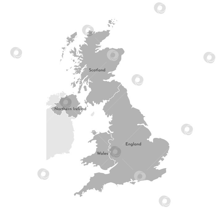 Скачать Векторная изолированная упрощенная карта. Серый силуэт провинций Великобритании. Граница административного деления Шотландии, Уэльса, Англии, Северной Ирландии. Белый фон фотосток Ozero