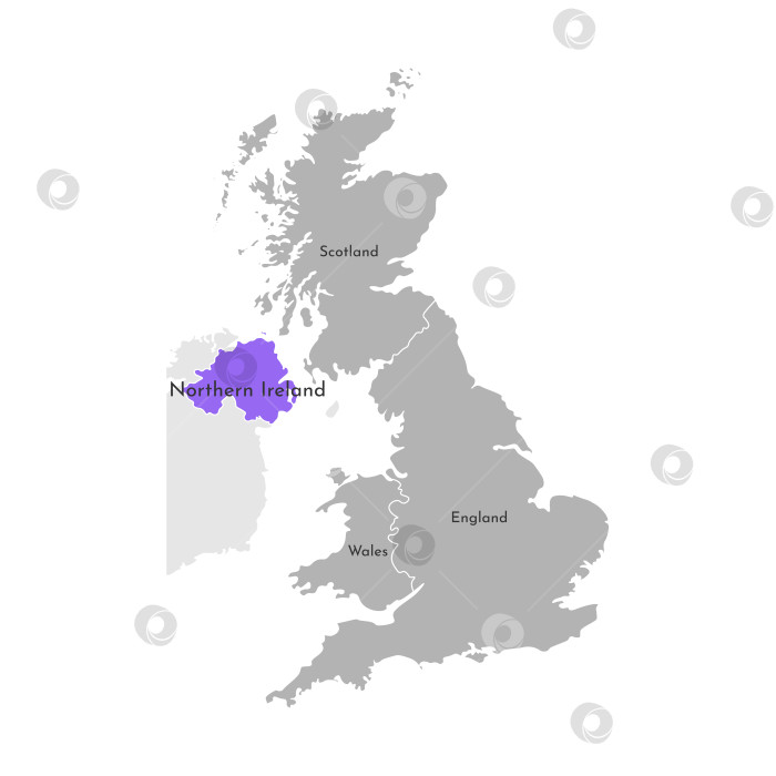 Скачать Векторная изолированная упрощенная иллюстрация с серым силуэтом провинций Соединенного Королевства Великобритании. Выбранное административное деление Северная Ирландия. Белый контур фотосток Ozero