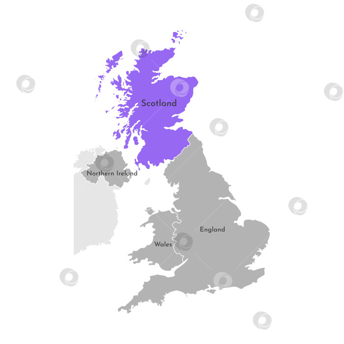 Скачать Векторная изолированная упрощенная иллюстрация с серым силуэтом провинций Соединенного Королевства Великобритании и Северной Ирландии. Выбранное административное деление Шотландии. Белый контур фотосток Ozero