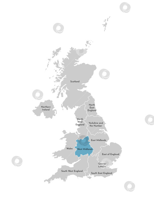 Скачать Векторная изолированная иллюстрация упрощенной административной карты Соединенного Королевства, Великобритания. Синяя форма Уэст-Мидлендс. Границы и названия регионов. Серые силуэты. Белый контур. фотосток Ozero