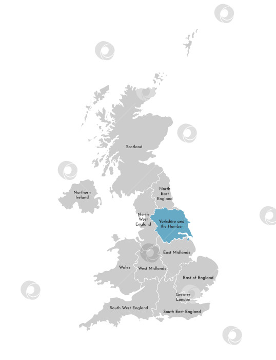 Скачать Векторная изолированная иллюстрация упрощенной административной карты Соединенного Королевства, Великобритания. Синие очертания Йоркшира и Хамбера. Границы и названия регионов. Серые силуэты. Белый контур. фотосток Ozero