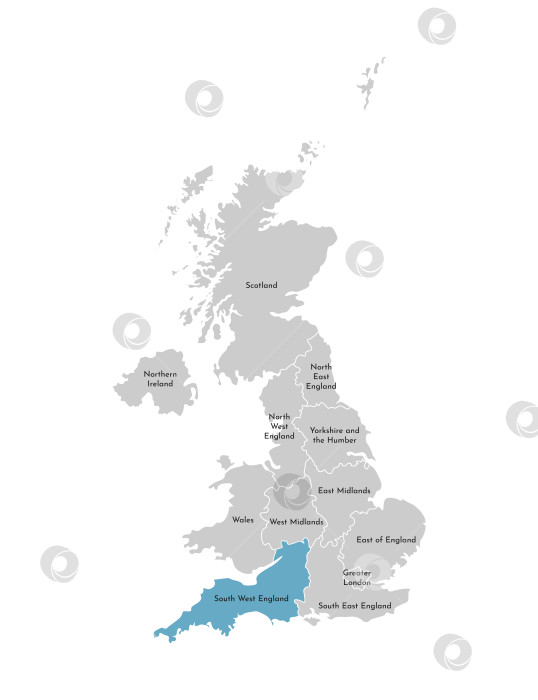 Скачать Векторная изолированная иллюстрация упрощенной административной карты Соединенного Королевства, Великобритания. Синяя форма Юго-Западной Англии. Границы и названия регионов. Серые силуэты. Белый контур. фотосток Ozero