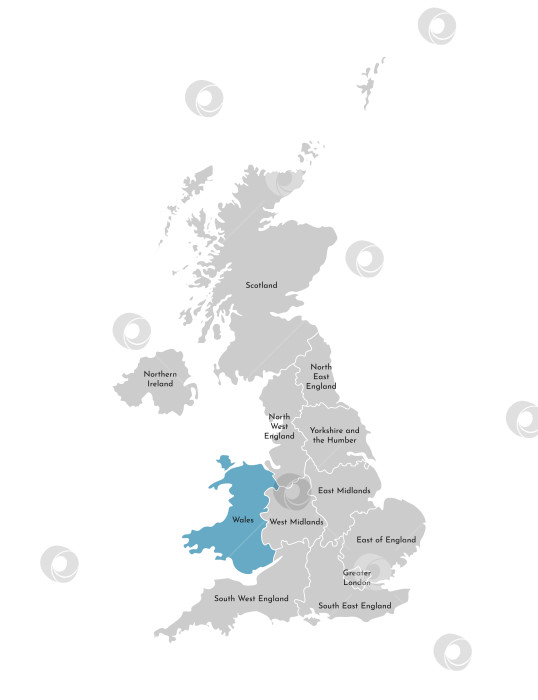 Скачать Векторная изолированная иллюстрация упрощенной административной карты Соединенного Королевства, Великобритания. Синяя форма Уэльса. Границы и названия регионов. Серые силуэты. Белый контур. фотосток Ozero