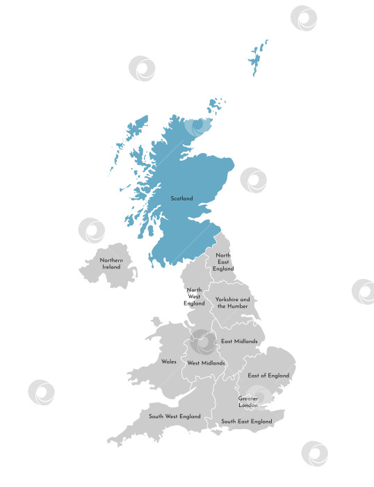 Скачать Векторная изолированная иллюстрация упрощенной административной карты Соединенного Королевства, Великобритания. Синяя форма Шотландии. Границы и названия регионов. Серые силуэты. Белый контур. фотосток Ozero