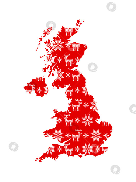 Скачать Векторная изолированная иллюстрация к празднику Нового года и Рождества. Упрощенная карта. Соединенное королевство Великобритании и Северной Ирландии. Красный узор с белыми вышитыми крестиком снежинками и оленями. фотосток Ozero