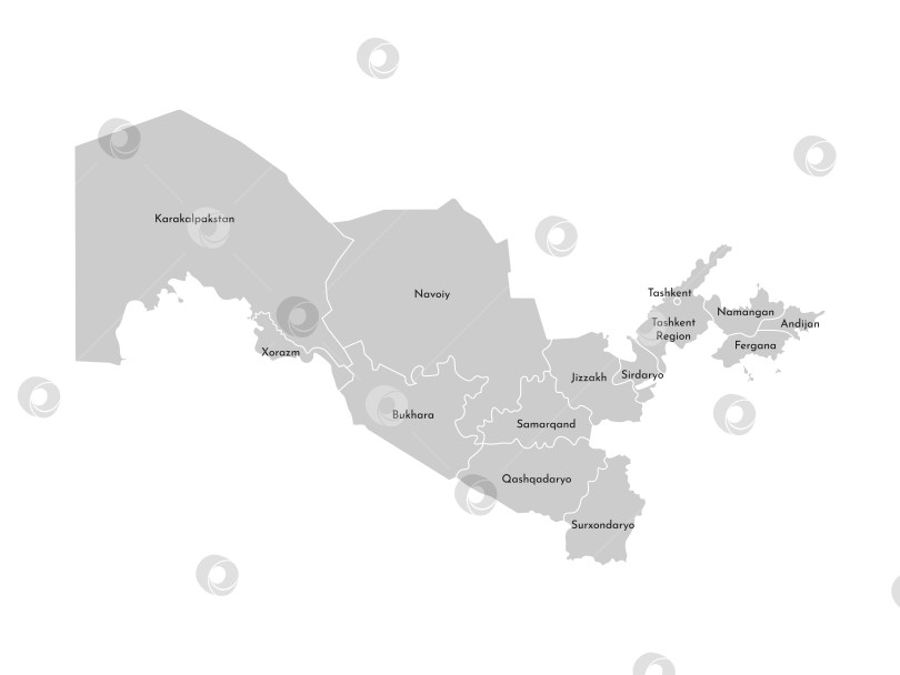 Скачать Векторная изолированная иллюстрация упрощенной административной карты Узбекистана. Границы и названия провинций, регионов. Серые силуэты. Белый контур фотосток Ozero