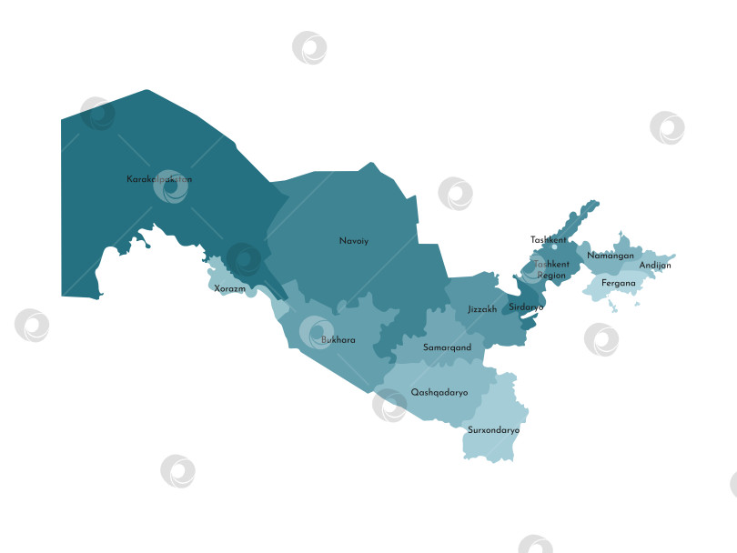 Скачать Векторная изолированная иллюстрация упрощенной административной карты Узбекистана. Границы и названия регионов. Красочные силуэты синего цвета хаки фотосток Ozero