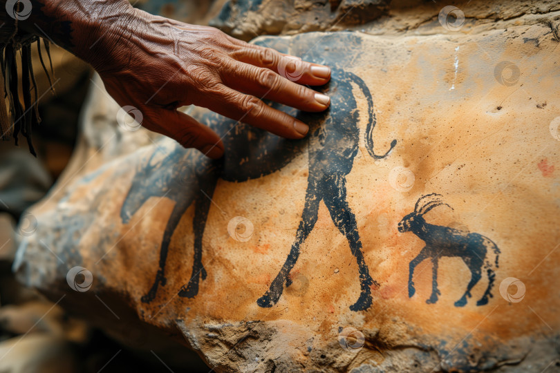 Скачать наскальная живопись, рука коренного жителя прикасается к древнему камню с изображенными на нем животными фотосток Ozero