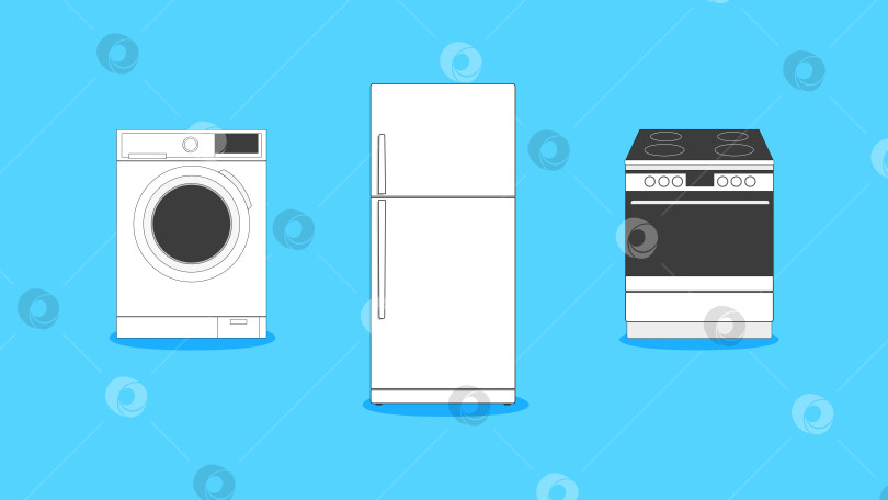 Скачать Набор из трех бытовых приборов - стиральной машины, холодильника и электрической плиты. фотосток Ozero