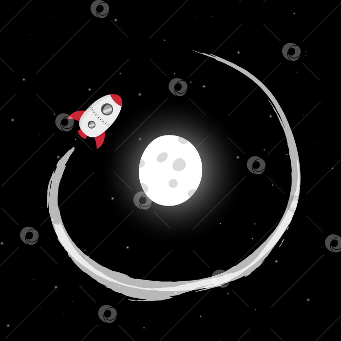 Скачать Бело-красная ракета с двумя иллюминаторами совершает облет вокруг сияющей Луны с кратерами. фотосток Ozero