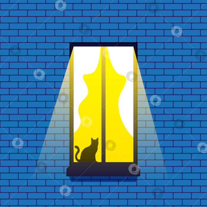Скачать Кирпичная стена с окном, из которого льется уютный теплый свет. На подоконнике сидит черный кот фотосток Ozero
