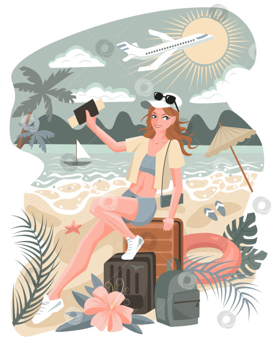 Скачать Векторная мультяшная иллюстрация с молодой красивой женщиной с багажом в отпуске на пляже на фоне морского пейзажа. Летний фон, концепция путешествия, плоский дизайн. фотосток Ozero