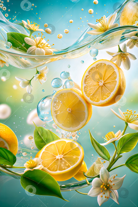 Скачать Нарезанные лимоны и белые цветы, плавающие в сверкающей воде на голубом фоне. фотосток Ozero