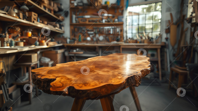 Скачать недавно изготовленный дизайнерский стол со столешницей из цельного дерева в столярной мастерской фотосток Ozero