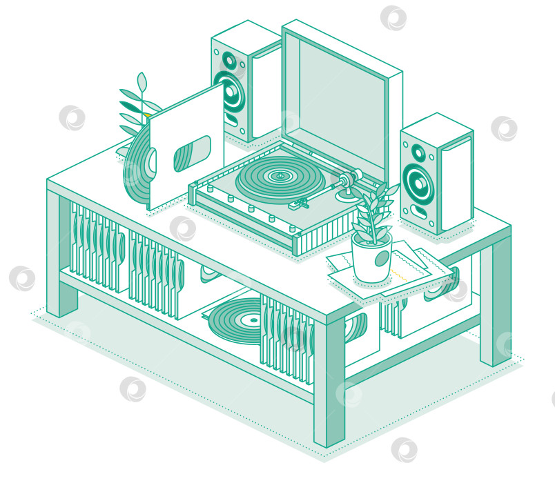Скачать Изометрический проигрыватель виниловых пластинок с диском. Стол с магнитофоном и двумя колонками. Стереосистема. Объекты, выделенные на белом фоне. Стол с полкой, на которой лежат виниловые диски. фотосток Ozero