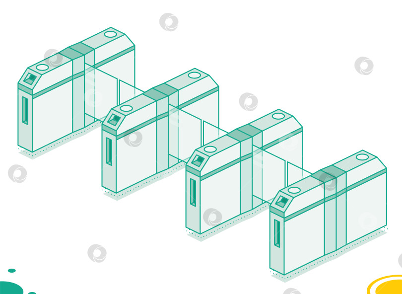 Скачать Четыре изометрических турникета. Элемент безопасности на станции метро или в аэропорту. Входные ворота. Оборудование для контроля доступа. Элемент дизайна. фотосток Ozero