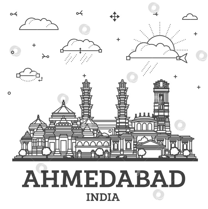 Скачать Обведите контур Ахмадабада, Индия, историческими зданиями, выделенными белым цветом. Городской пейзаж Ахмадабада с достопримечательностями. фотосток Ozero