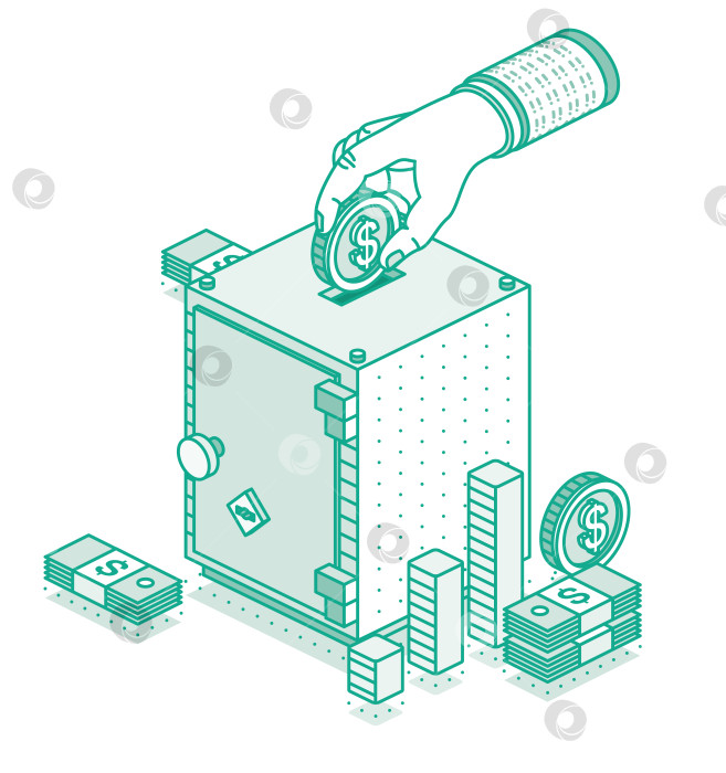 Скачать Рука кладет деньги в сейф. Изометрическая концепция сбережения денег. Долларовая монета. Пачка денег. Схема объекта. Управление деньгами и финансовая аналитика. фотосток Ozero