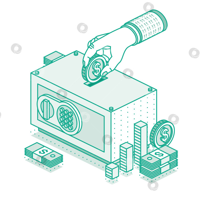 Скачать Рука кладет деньги в сейф. Изометрическая концепция сбережения денег. Долларовая монета. Пачка денег. Схема объекта. Управление деньгами и финансовая аналитика. фотосток Ozero