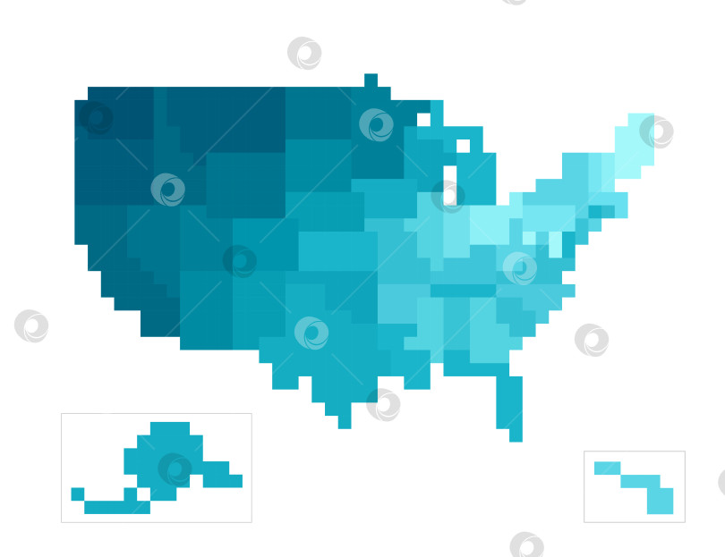 Скачать Векторная изолированная концепция упрощенной административной карты США, Соединенных Штатов Америки. Границы штатов имеют градиентную текстуру. Красочные синие фигуры в пиксельном стиле являются шаблоном для nft-арта фотосток Ozero