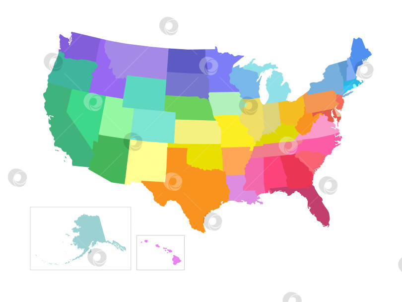 Скачать Векторная изолированная иллюстрация упрощенной административной карты США, Соединенных Штатов Америки. Границы штатов, регионов. Красочные силуэты. фотосток Ozero