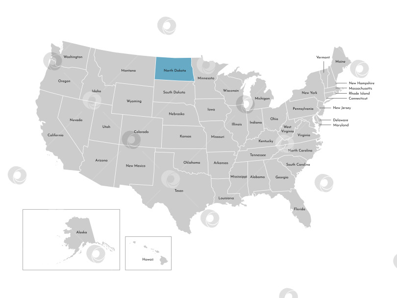 Скачать Векторная изолированная иллюстрация упрощенной административной карты США. Границы штатов с названиями. Синий силуэт штата Северная Дакота. фотосток Ozero