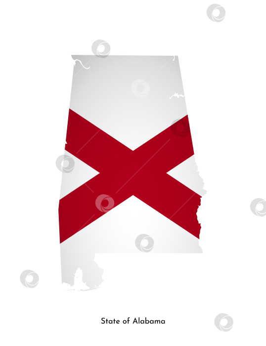 Скачать Векторная изолированная иллюстрация с флагом и упрощенной картой Алабамы, штата США. Объемная тень на карте. Белый фон фотосток Ozero