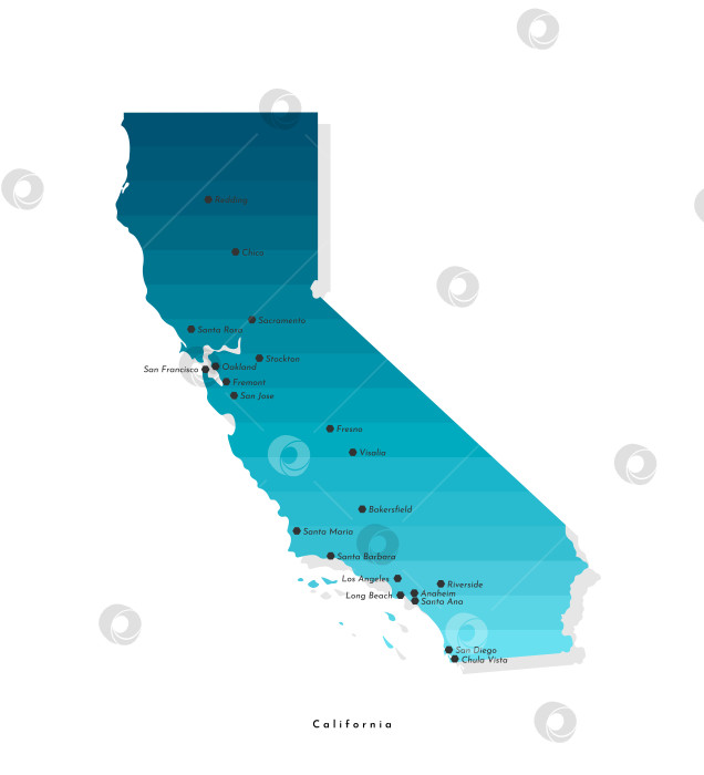 Скачать Векторная изолированная упрощенная иллюстрация с картой штата Калифорния, США, выполненная в синих градиентных цветах. Теги с крупными городами. Белый фон. фотосток Ozero