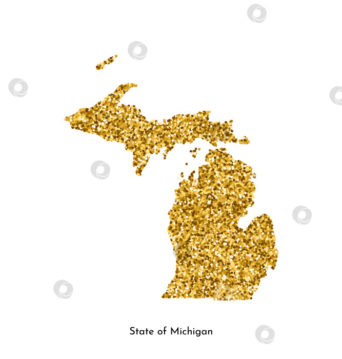 Скачать Векторная изолированная иллюстрация с упрощенной картой штата Мичиган, США. Текстура с блестящим золотым блеском. Шаблон оформления. фотосток Ozero
