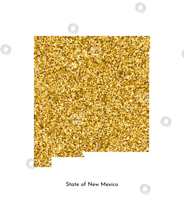 Скачать Векторная изолированная иллюстрация с упрощенной картой штата Нью-Мексико, США. Блестящая текстура с золотым блеском. Шаблон оформления. фотосток Ozero