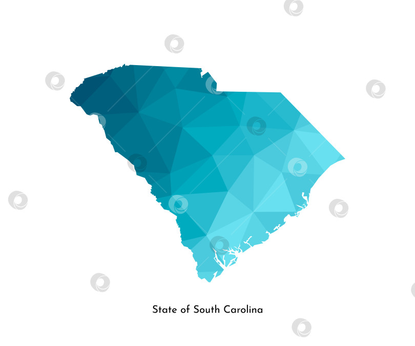 Скачать Векторная изолированная иллюстрация с упрощенным силуэтом синей карты штата Южная Каролина, США. Полигональный геометрический стиль. Белый фон. фотосток Ozero