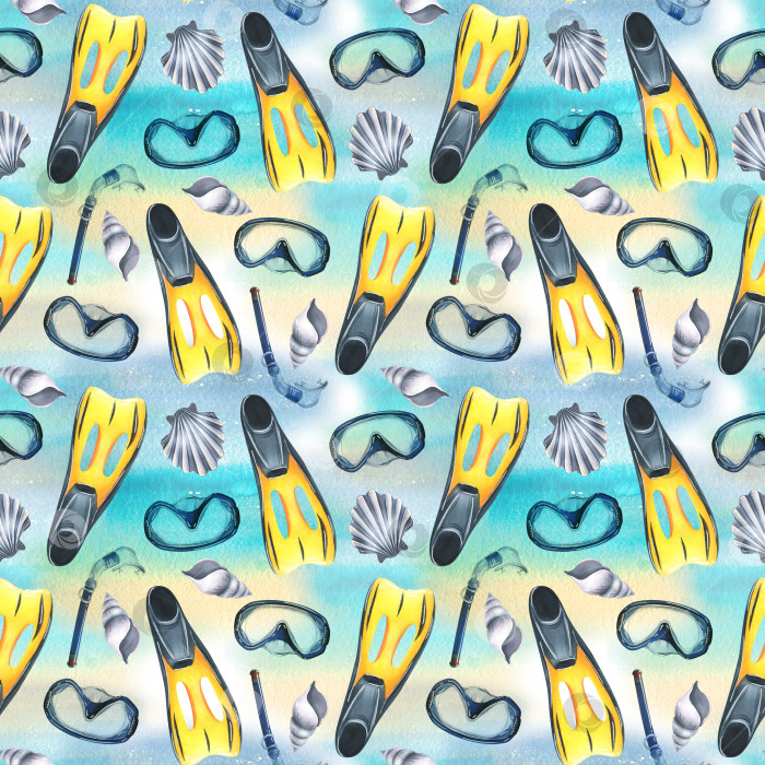 Скачать ласты, раковины, маска и трубка для подводного плавания. Акварельная иллюстрация, выполненная от руки. Бесшовный узор на синем фоне фотосток Ozero